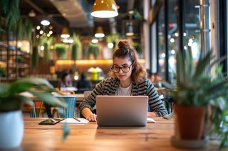 figure_photo: Frau arbeitet auf Laptop in Raum mit vielen Pflanzen